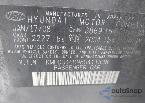 2008 Hyundai Elantra Gls/Se z USA, uszkodzony, nr VIN KMHDU46D98U411338